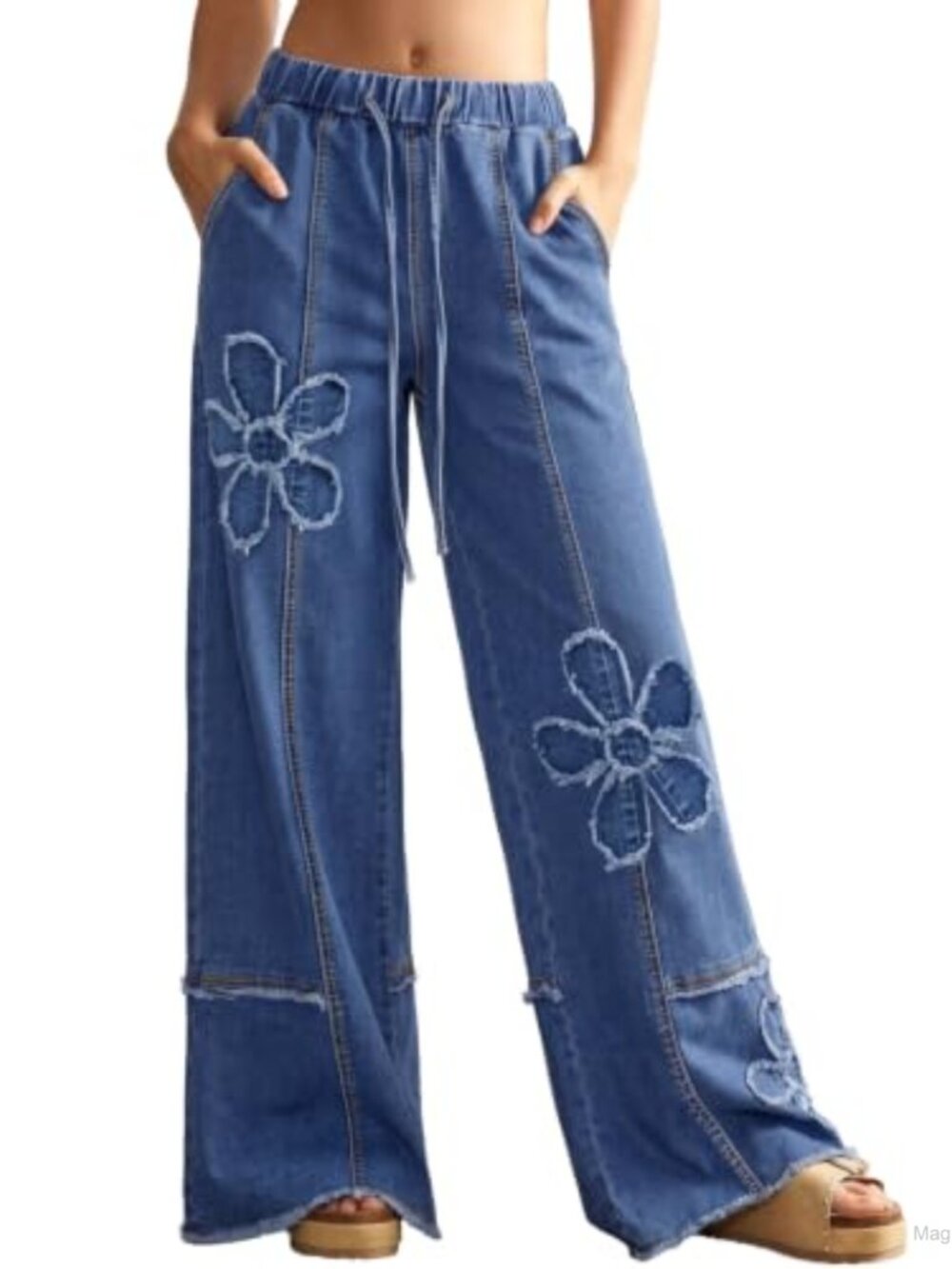 Y2K Floral Wide Leg Baggy Jeans Women's High Waist Stretchy Denim
